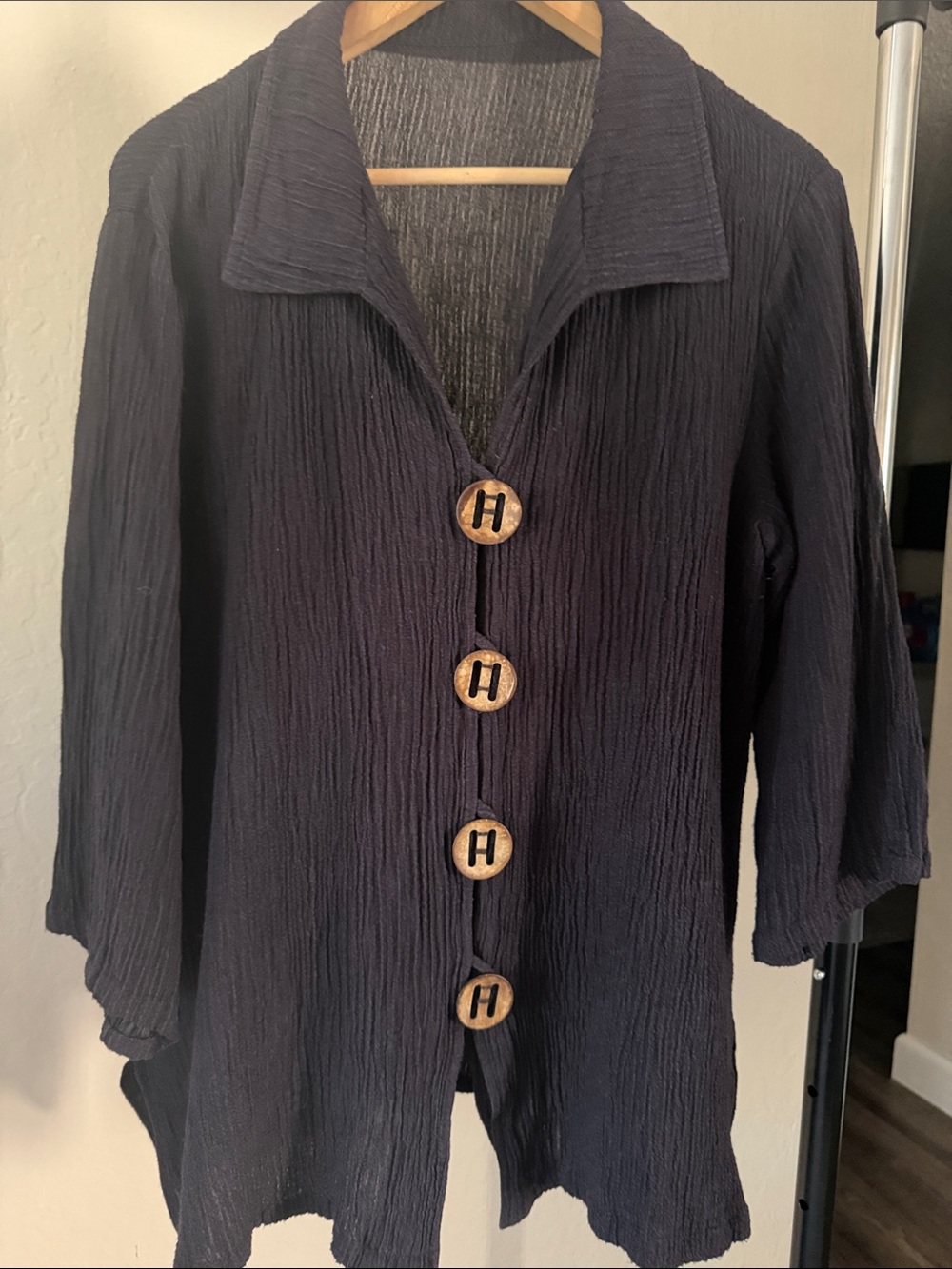 Fridaze Linen Redefined Black Crinkle Button Up Jacket Shirt Lagenlook Boho S